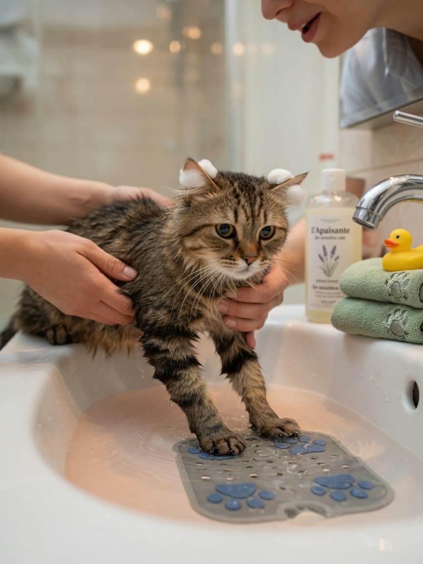 Owner gently bathing a tabby cat in a sink with lukewarm water, cotton balls protecting the cat's ears, cat-specific shampoo and towels nearby