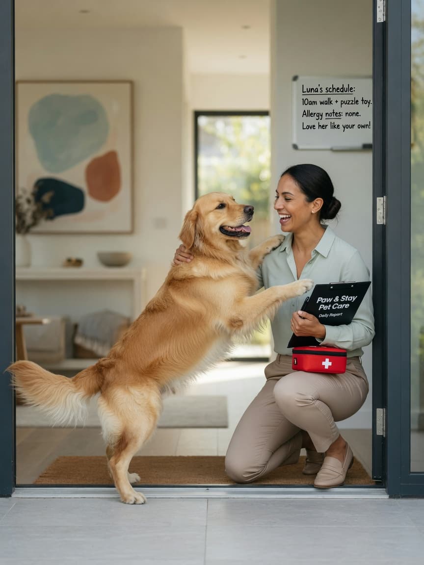 Pet sitter greeting an excited Golden Retriever at home entrance with professional supplies