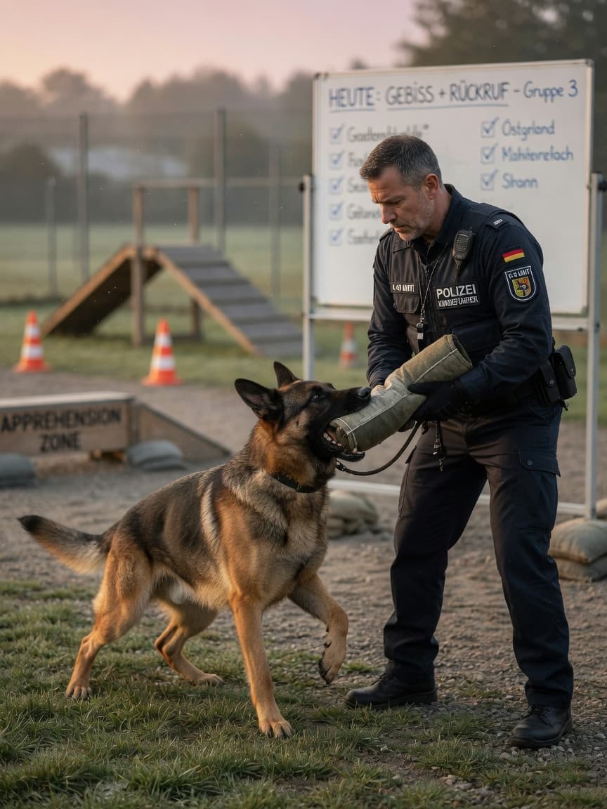 Police dog trainer in uniform working with German Shepherd during specialized training drill