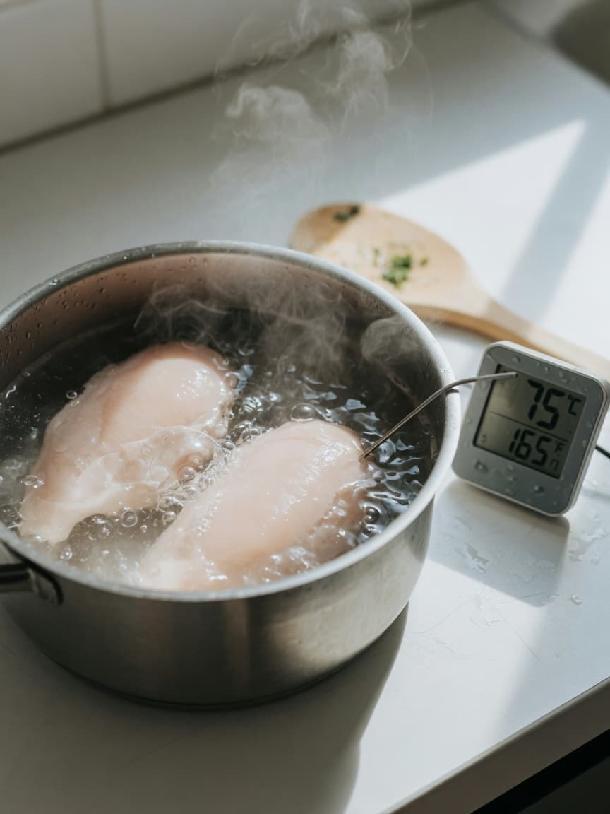 Boiling chicken breasts in a stainless steel pot with water and a kitchen thermometer displaying proper cooking temperature
