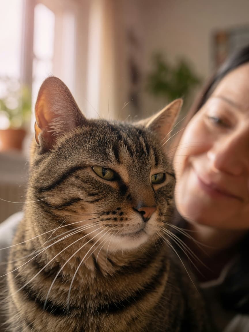 A tabby cat slow-blinking at their owner during a tender bonding moment, showing feline affection through eye contact
