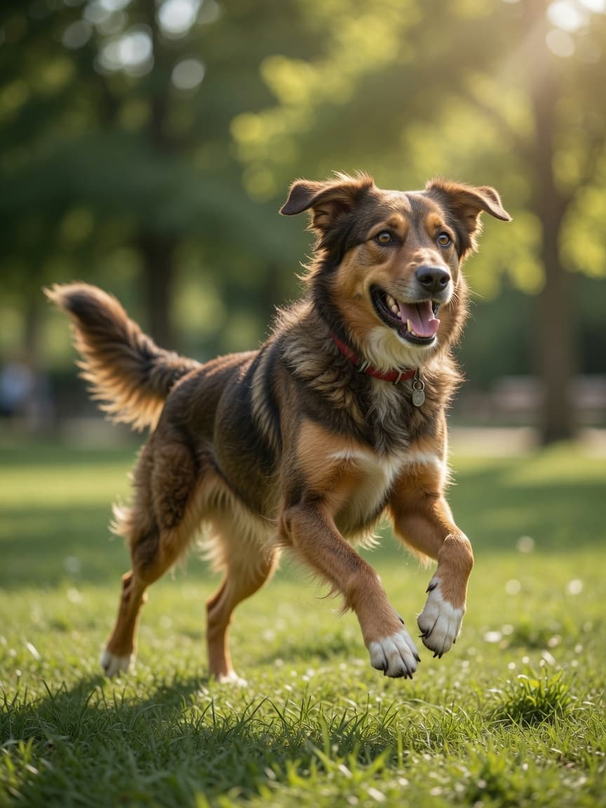 Energetic dog running through sunlit park, embodying a strong immune system and vibrant health