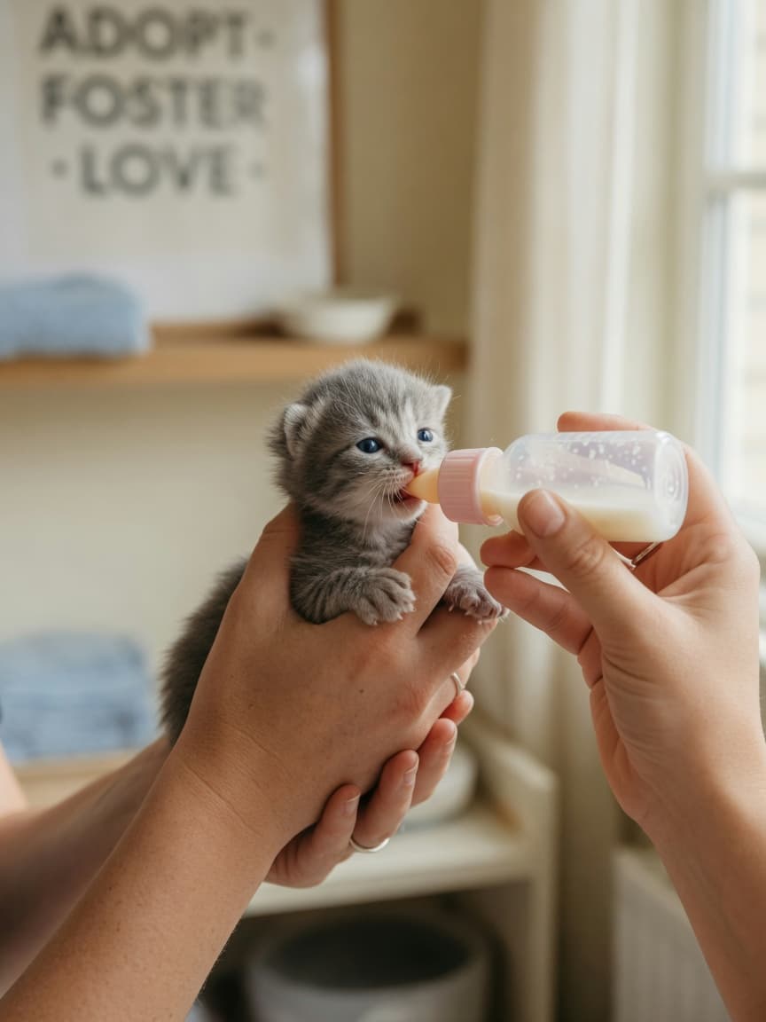 Hand bottle-feeding a newborn tabby kitten in proper semi-upright nursing position with specialized kitten bottle