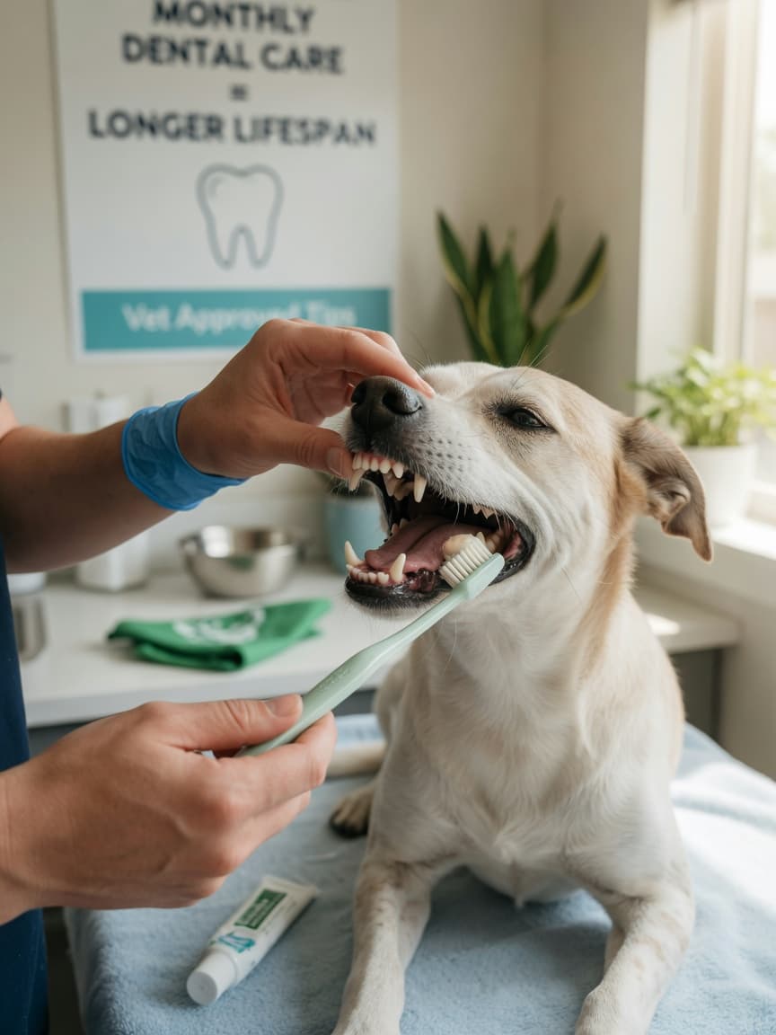 Veterinarian brushing a dog's teeth with a soft-bristled toothbrush and dog-specific toothpaste in a home setting