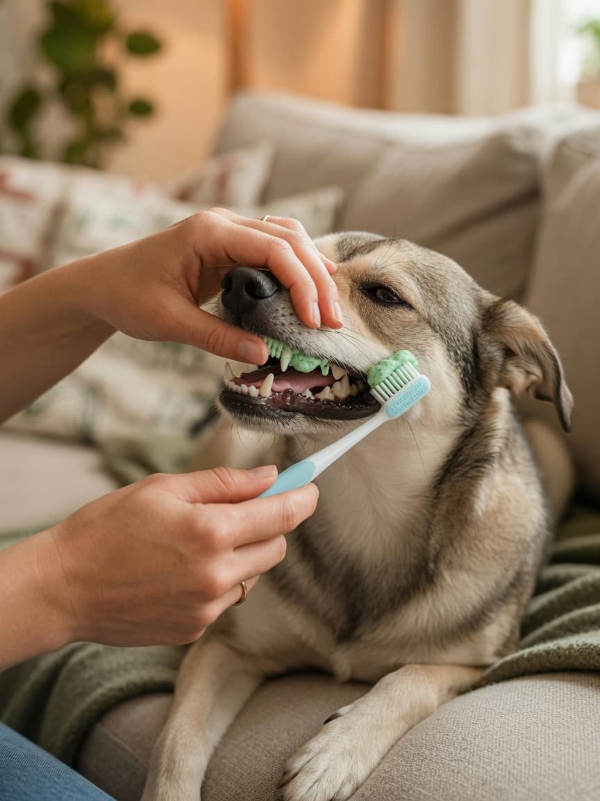 Dog owner brushing a calm dog's teeth with a soft toothbrush using gentle circular motions on the outer tooth surfaces