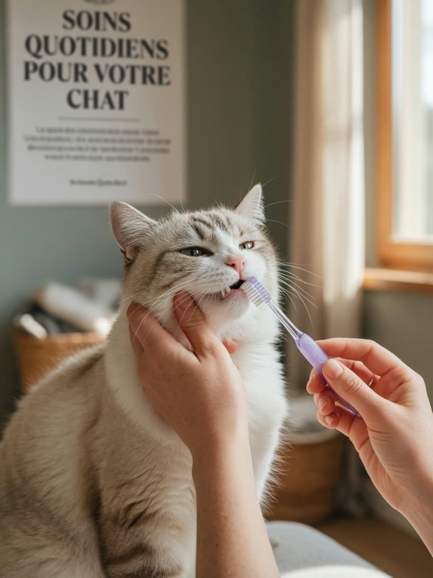 A person gently brushing a tabby cat's outer teeth with a soft-bristled pet toothbrush at a 45-degree angle in a calm, well-lit home setting.