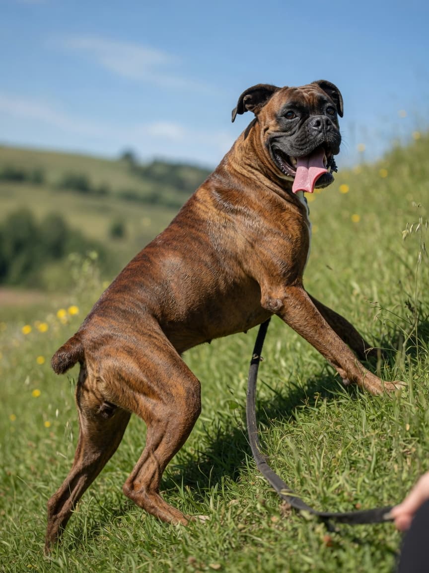 Athletic dog climbing a hillside showing muscular development and active movement