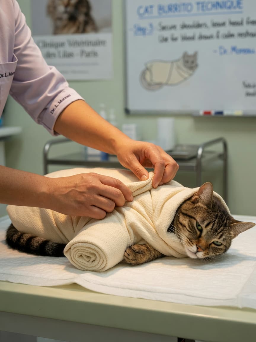 Veterinarian's hands gently wrapping a tabby cat in a soft blanket using the cat burrito technique in a calm clinic setting
