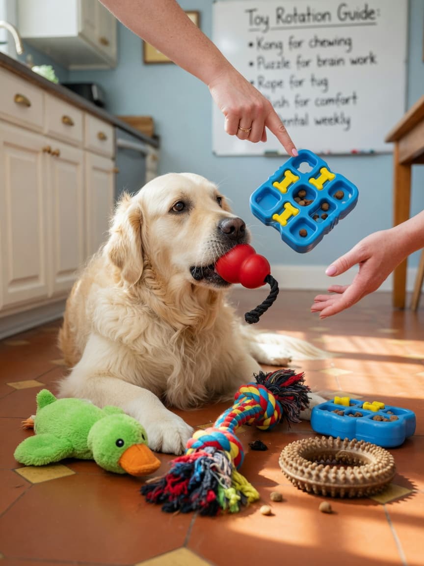 Golden Retriever surrounded by various dog toy options on a kitchen floor with natural light and owner's hands demonstrating toy selection