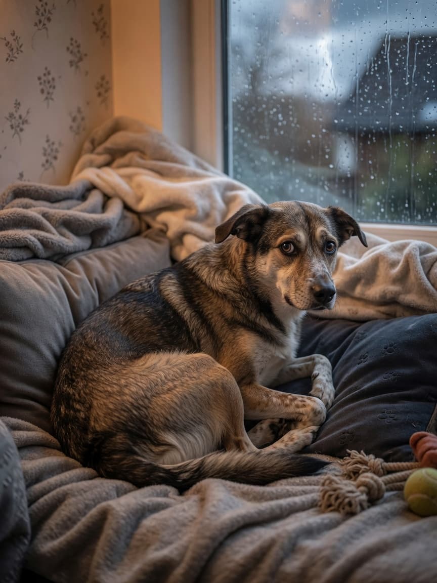Anxious dog trembling in a safe corner during thunderstorm, demonstrating canine anxiety