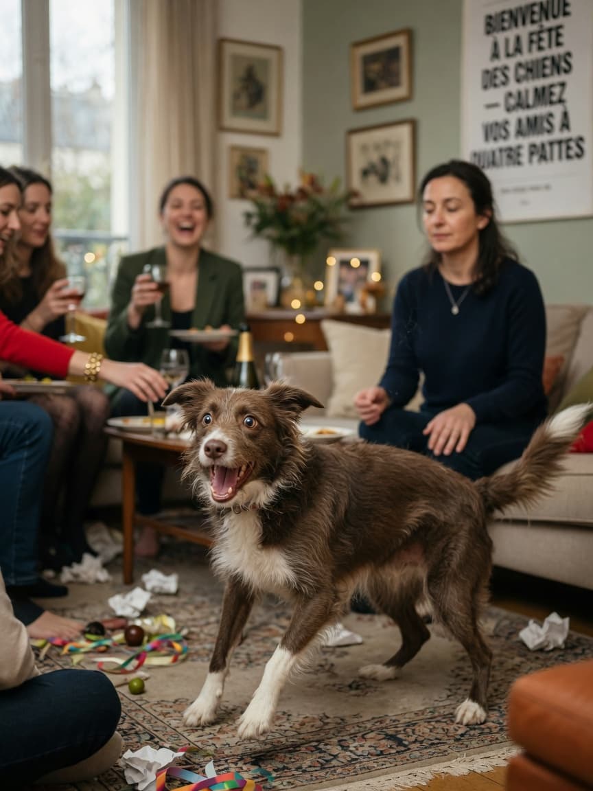 Overstimulated dog jumping and spinning during a social gathering while owner demonstrates calm breathing nearby