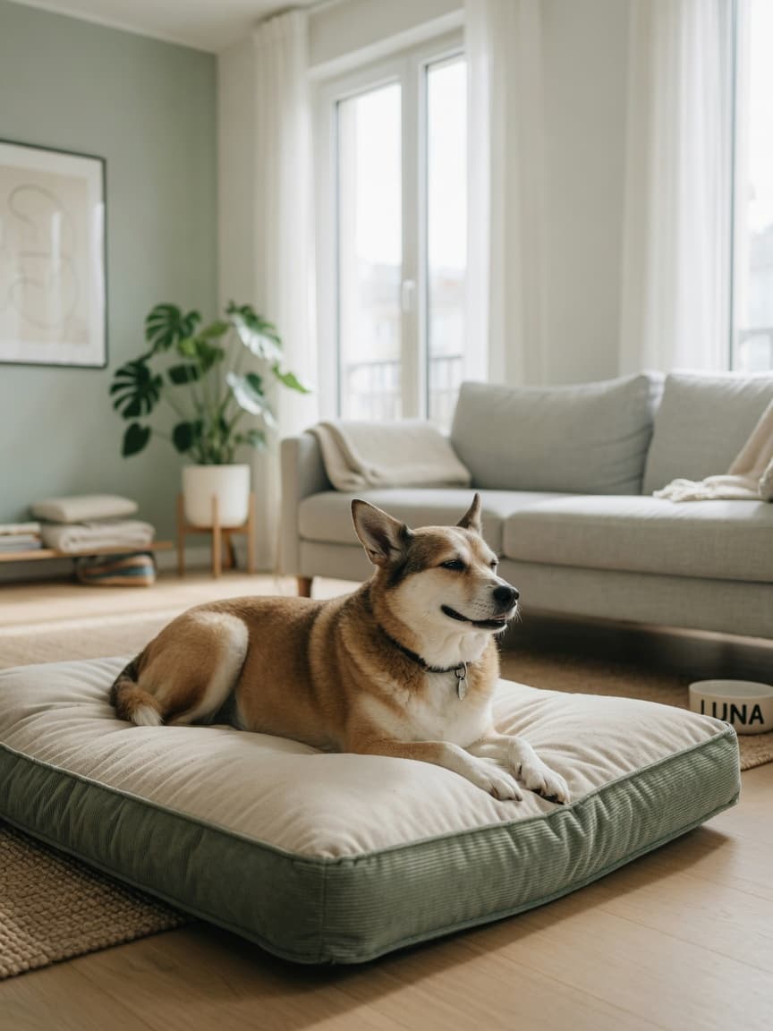 A calm, well-adjusted dog resting comfortably on a bed in a bright, modern apartment living room with natural light