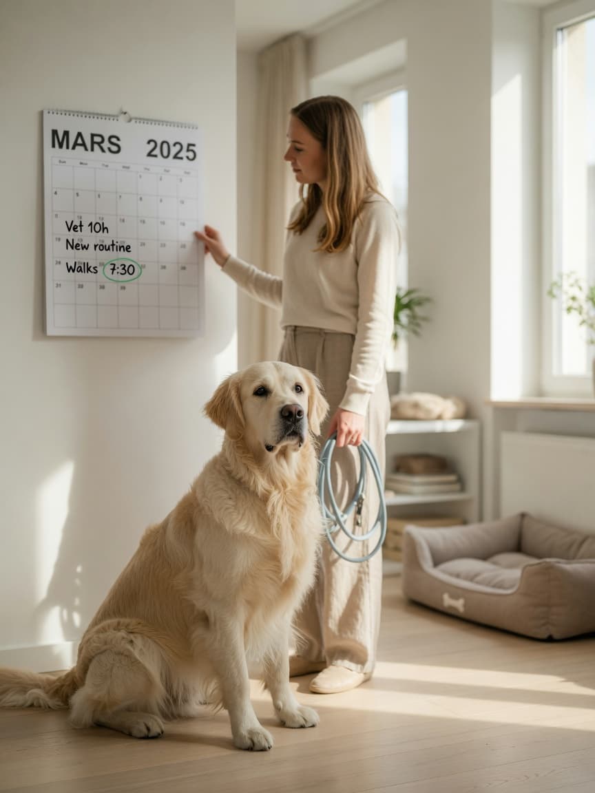 Golden retriever sitting beside owner holding a lead, with calendar and dog bed visible in bright living room