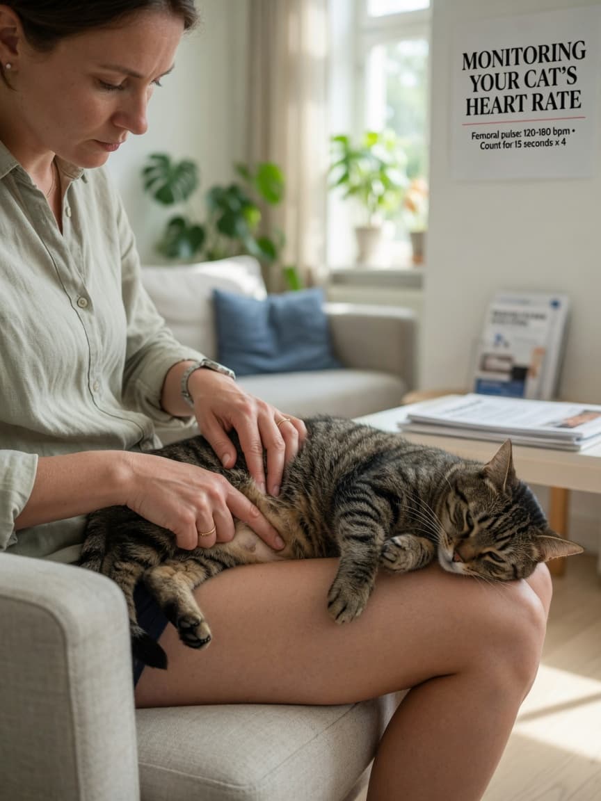 Owner checking a tabby cat's heart rate by feeling the femoral pulse on the cat's inner thigh while cat rests on lap in home setting
