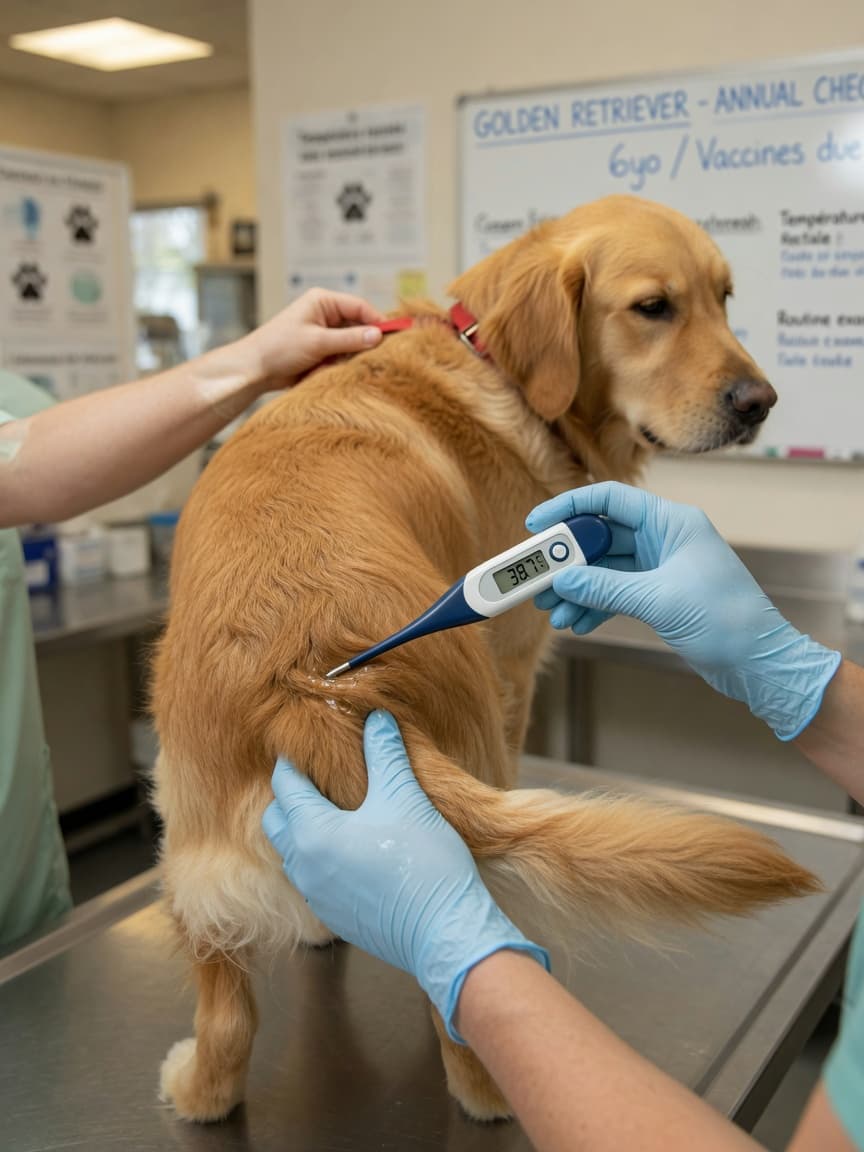 Veterinarian taking a dog's rectal temperature with a digital thermometer during a clinical examination