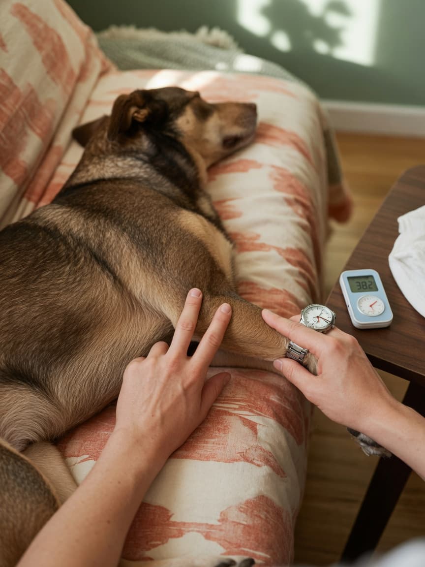Dog owner checking their dog's pulse by palpating the femoral artery on the dog's inner rear leg while the dog rests calmly on a couch, with a digital thermometer and watch visible nearby