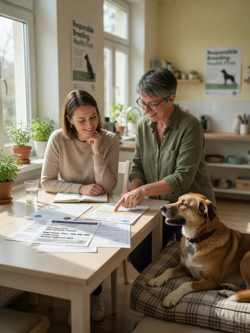 Prospective dog owner and breeder reviewing health documents together at a kitchen table with a healthy adult dog resting nearby