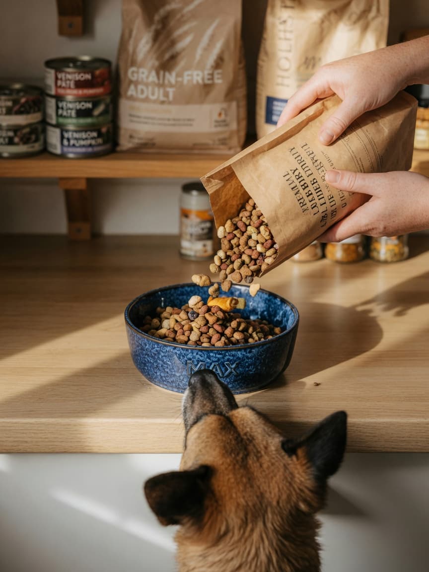 Dog owner pouring premium kibble from a bag into a ceramic bowl while their dog watches eagerly from behind, with shelves of various dog foods blurred in the background.