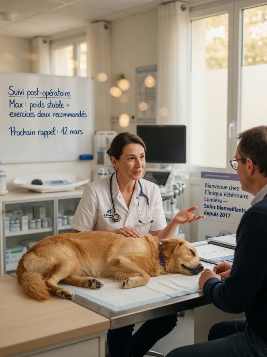 A veterinary surgeon explains a diagnosis to a pet owner while a calm animal sits on an examination table in a clean, modern clinic room.