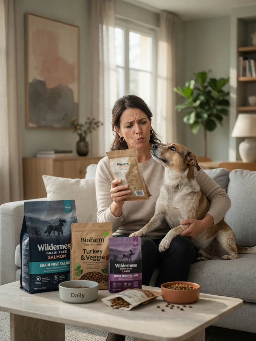 Woman thoughtfully examining dog food bags while holding her dog, with multiple food options displayed on a coffee table