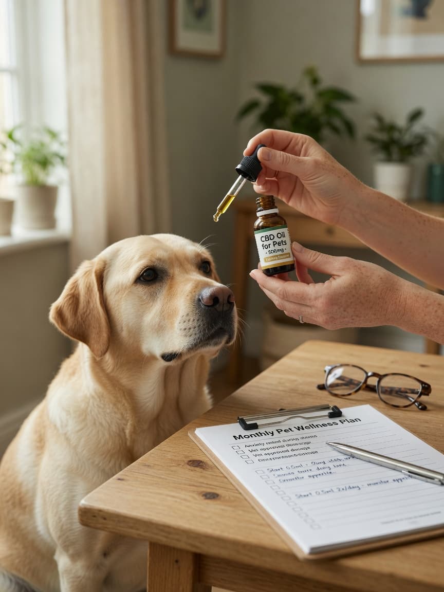 Pet owner examining a CBD oil bottle with a thoughtful expression while their golden Labrador sits beside them, representing careful product selection for pet health.
