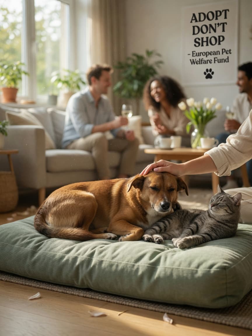 A dog and cat resting peacefully together on a soft bed during a social gathering, with natural sunlight and blurred guests in background