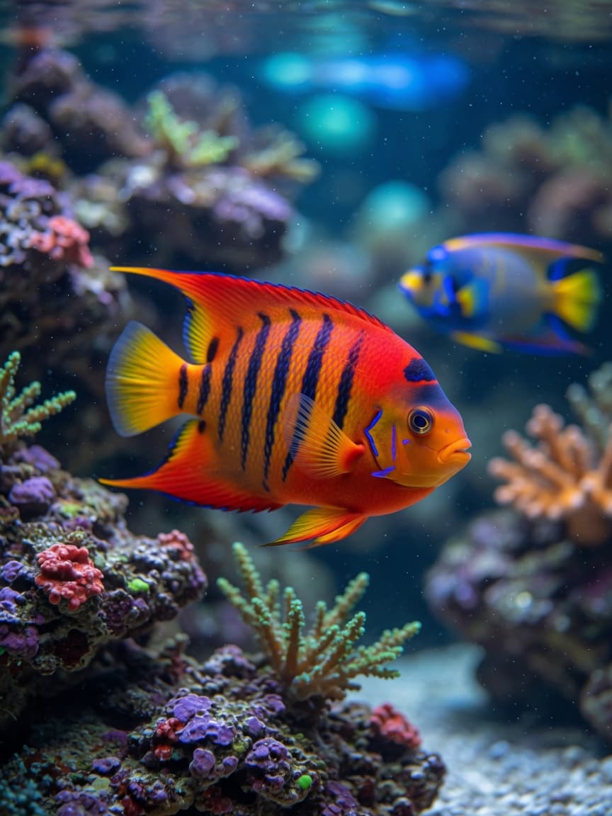 A vibrant red and yellow Flame Angelfish swimming gracefully in a saltwater aquarium with coral and rock formations