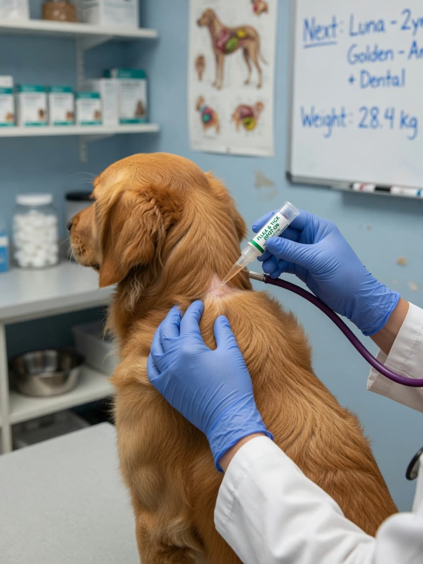 Veterinarian applying spot-on flea and tick treatment to Golden Retriever's neck during clinic examination