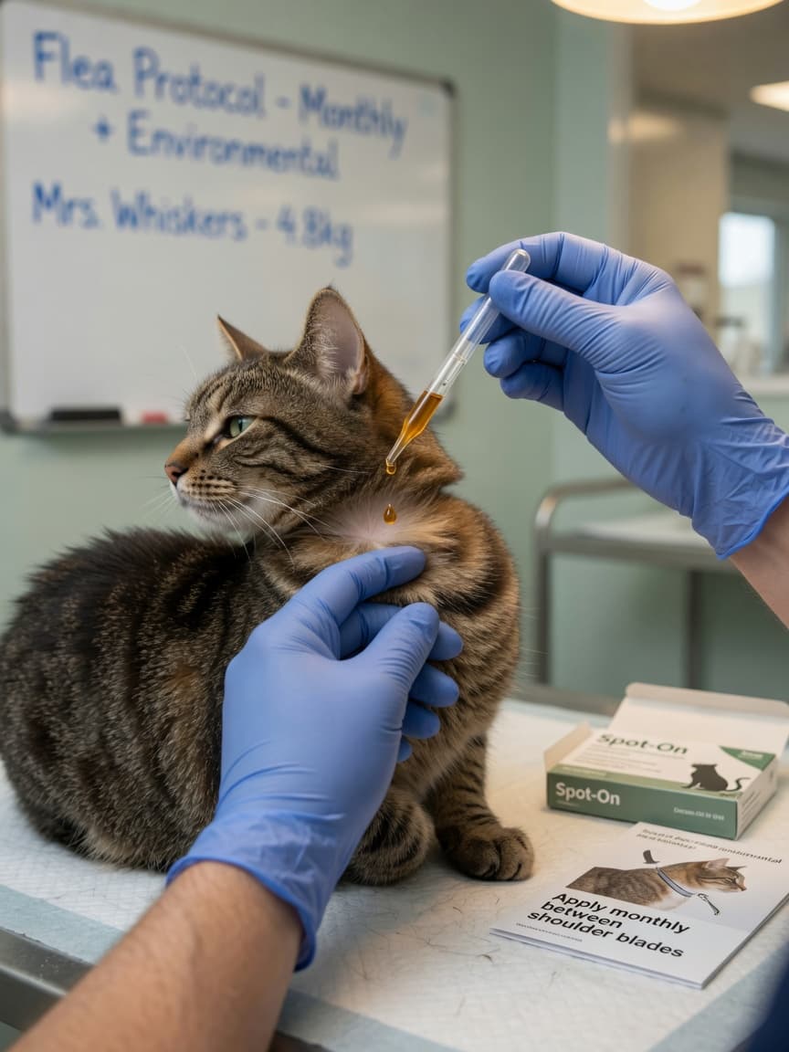 Veterinarian applying spot-on flea treatment to cat's neck during clinic consultation