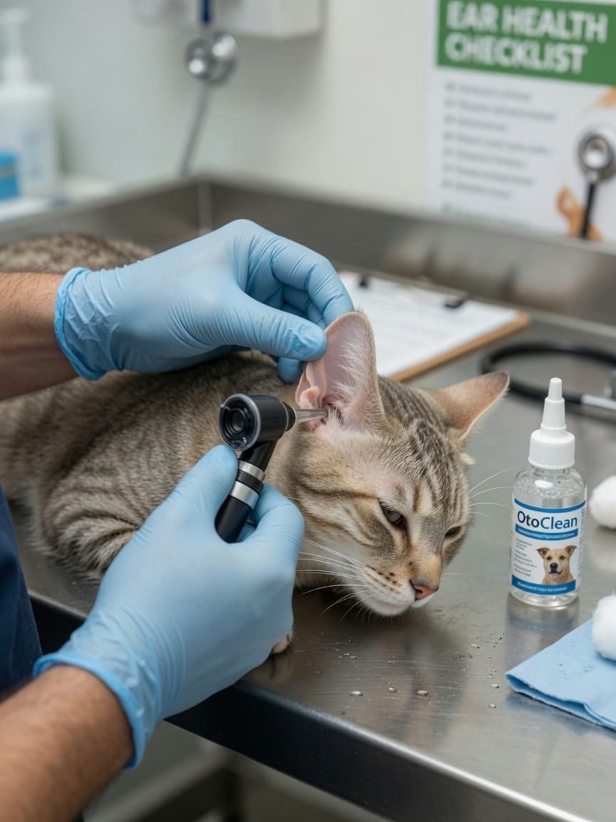 Veterinarian examining a cat's ear during a professional ear cleaning examination