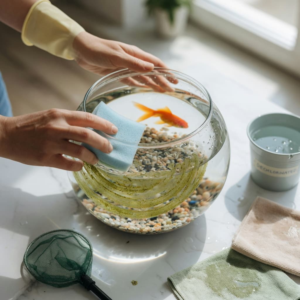 Overhead shot of hands cleaning the interior of a glass fishbowl with a soft sponge while a goldfish swims nearby and cleaning supplies sit arranged on the surface