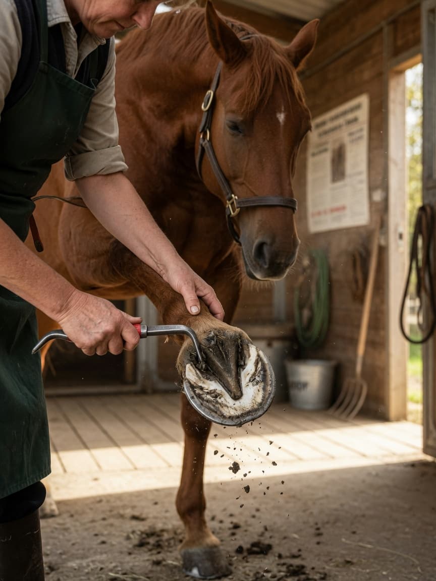 Person cleaning a horse's hoof with a hoof pick, removing dirt and debris from the underside