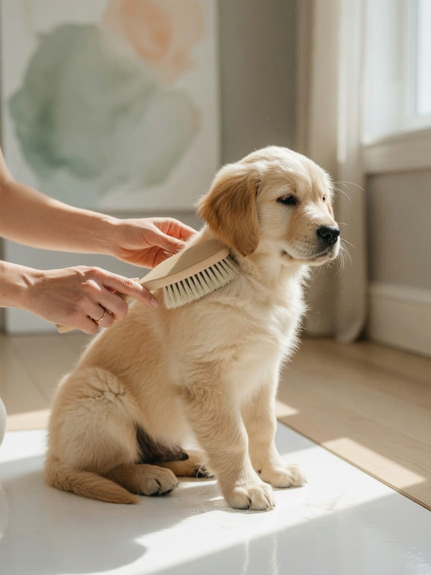 Golden retriever puppy being gently brushed with a soft-bristled brush during a dry grooming session