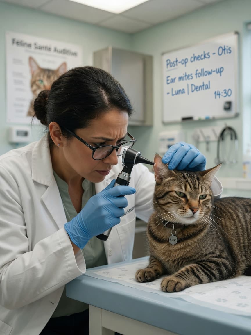 Veterinarian examining a tabby cat's ear with an otoscope during a clinical examination