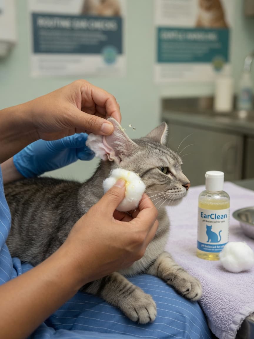 Close-up of a cat's ear being gently cleaned with a cotton ball during professional ear cleaning procedure