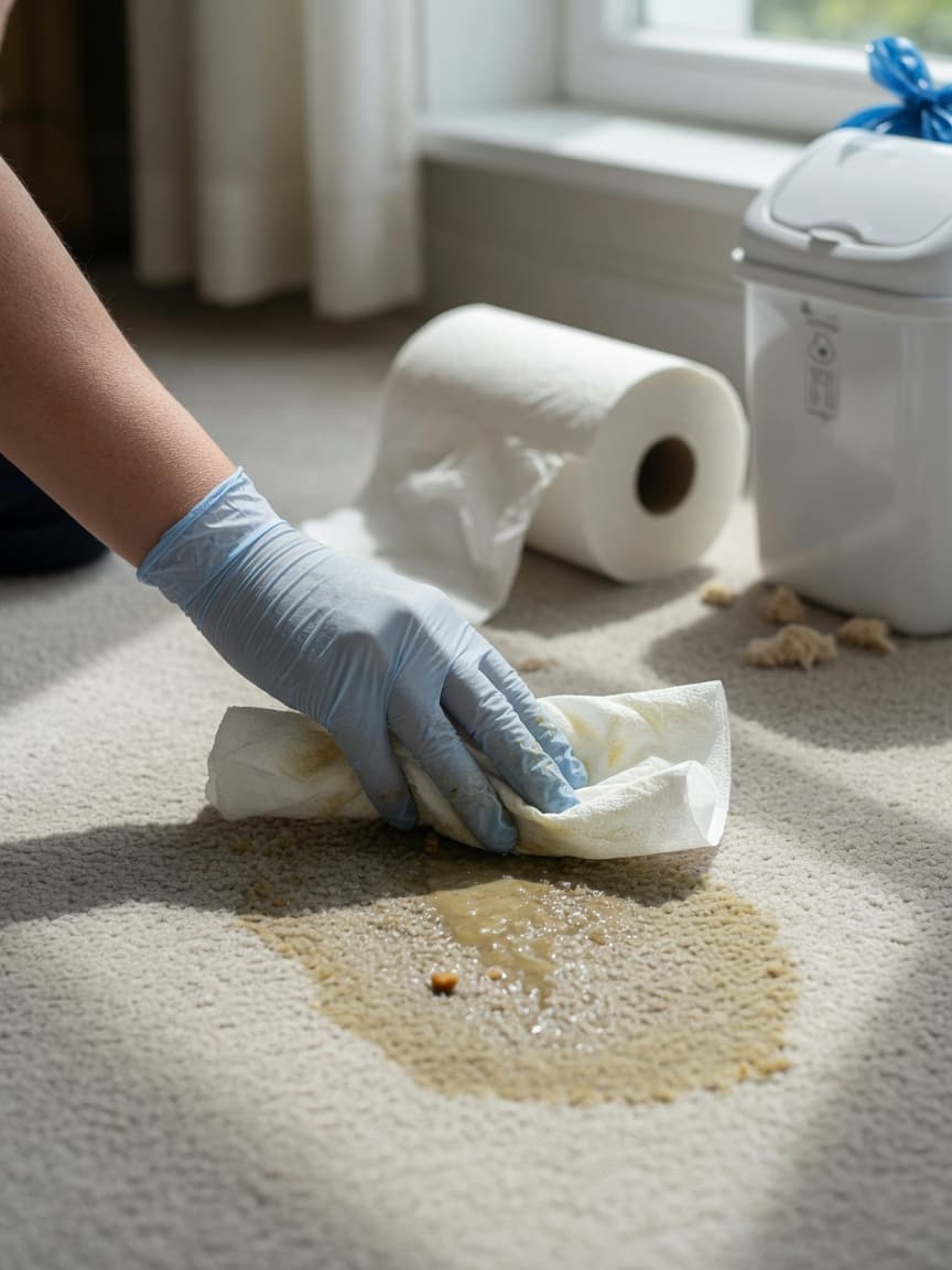 Gloved hand blotting dog vomit from carpet with paper towel