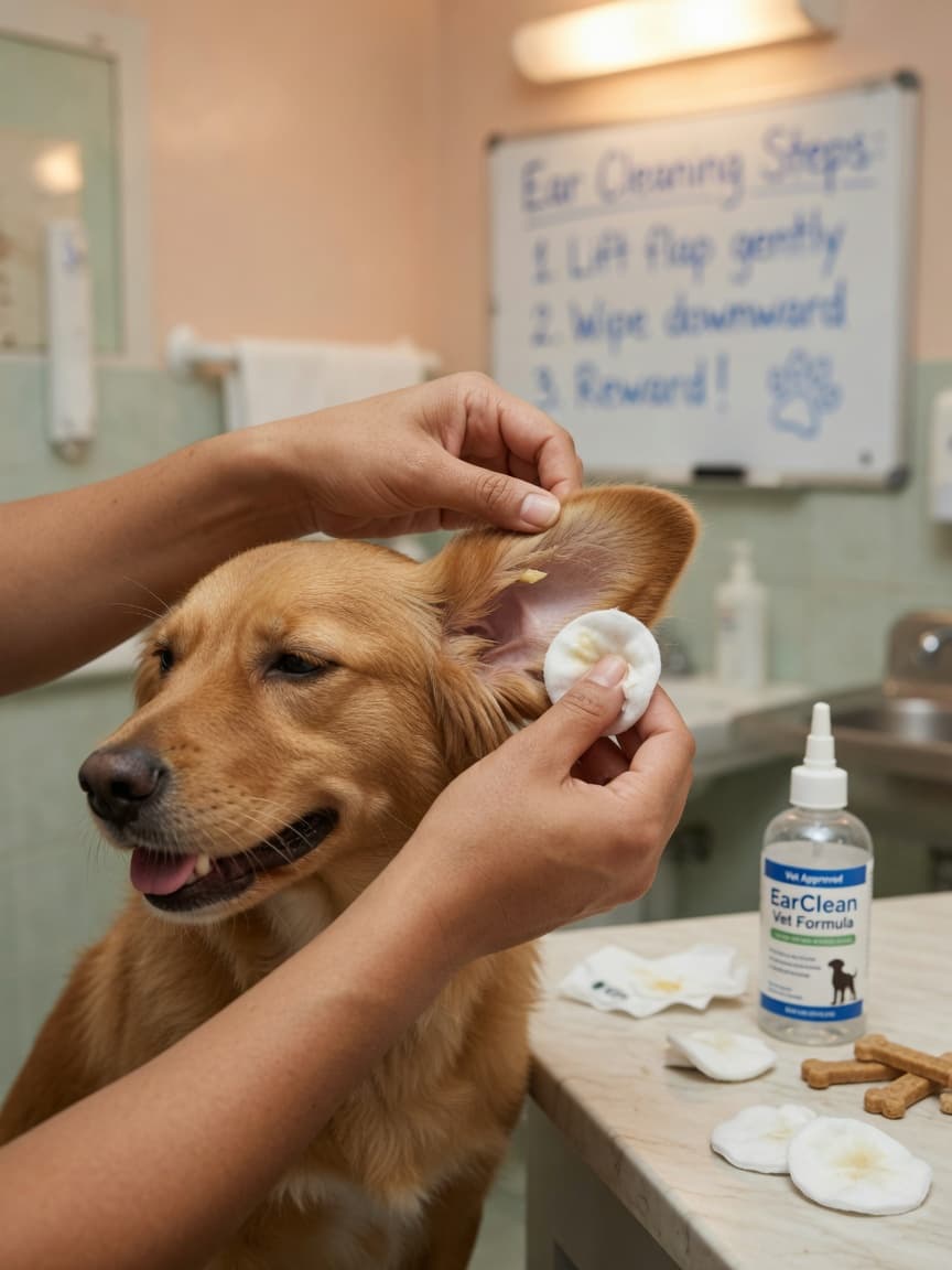 Close-up of a veterinarian's hands gently holding a dog's ear flap upright during ear cleaning demonstration, with cleaning supplies visible nearby