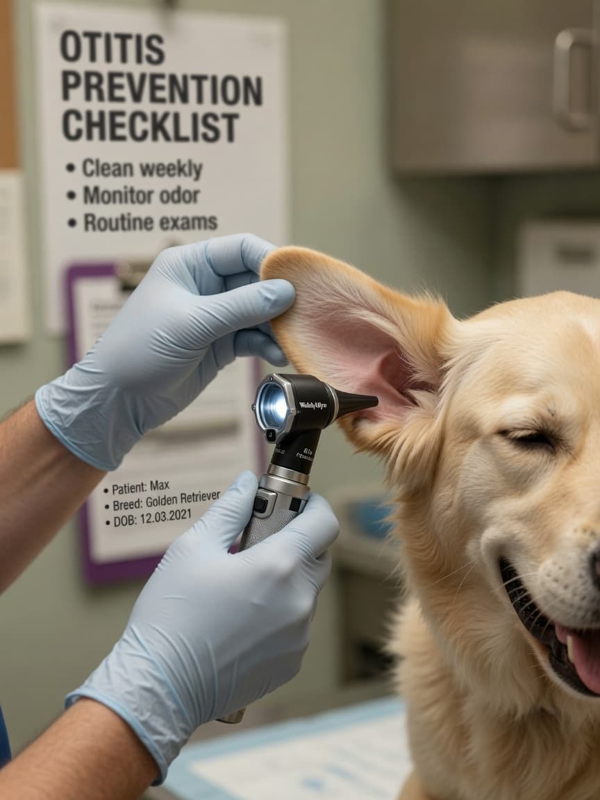 Veterinarian examining a dog's ear canal with an otoscope during a routine ear health check