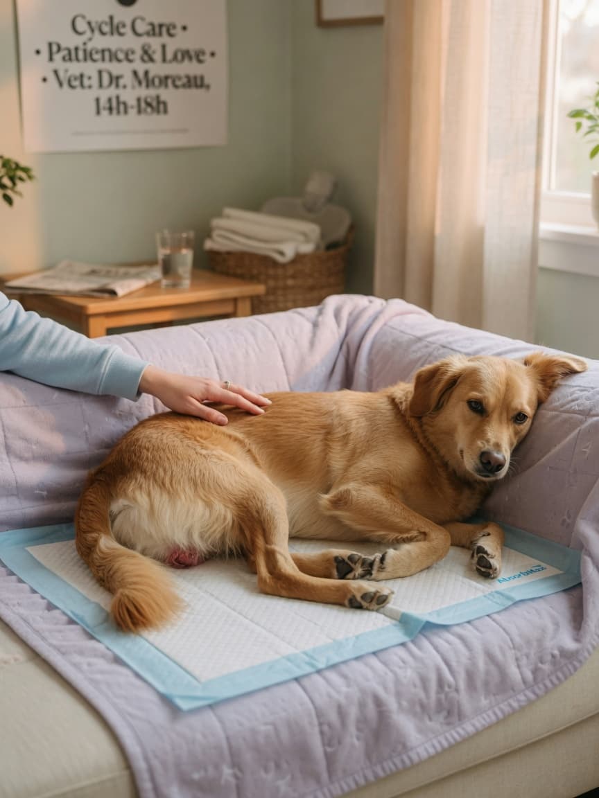 Female dog resting on washable blankets with absorbent mat, owner's hand gently comforting her during heat cycle