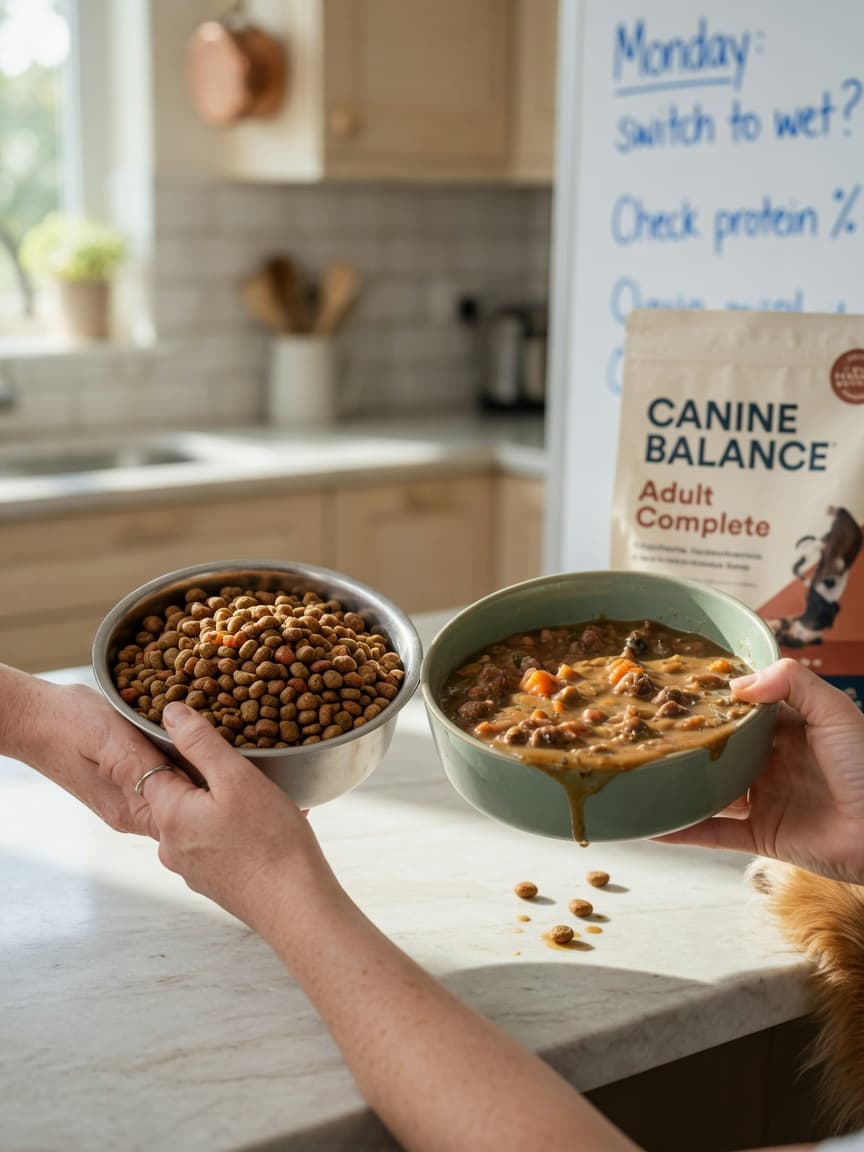 Dog owner comparing two bowls of different dog food types on kitchen counter for nutritional analysis