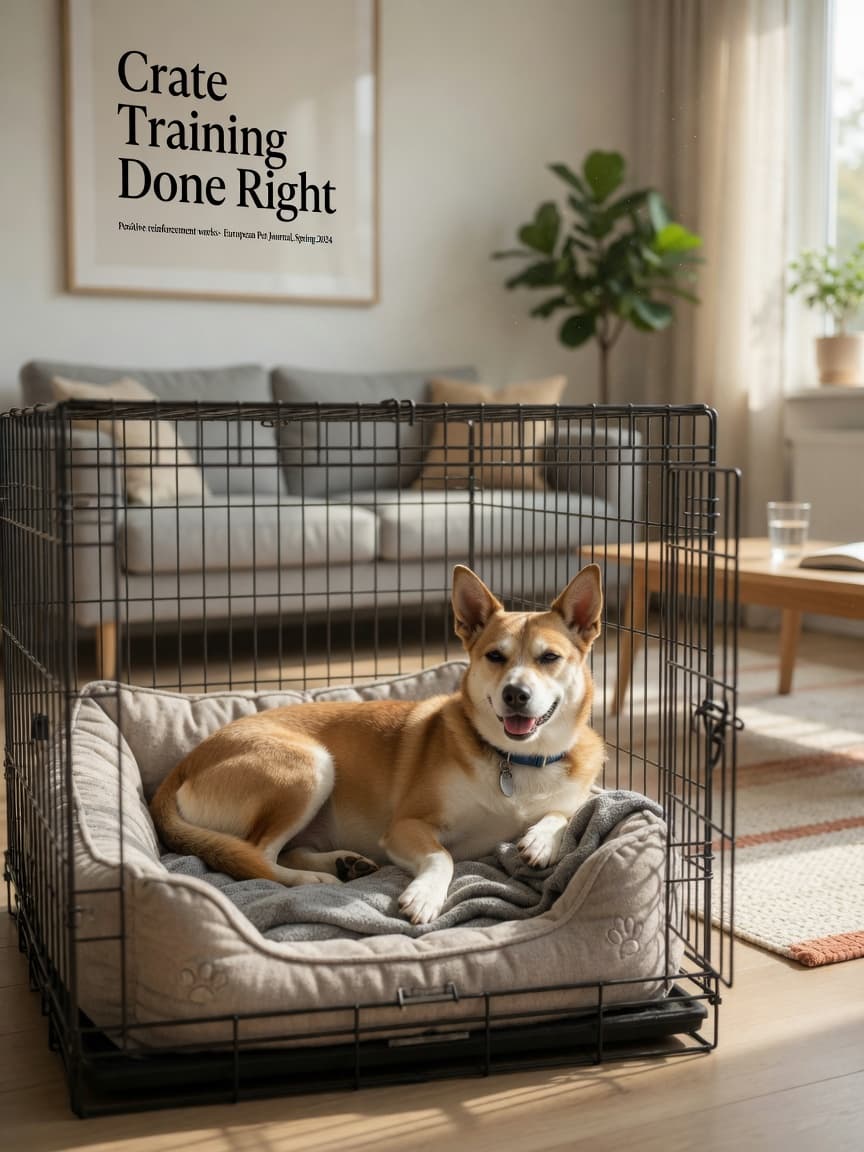 A calm dog resting peacefully inside an open wire crate with soft bedding, demonstrating successful crate training in a bright, sunlit living room.