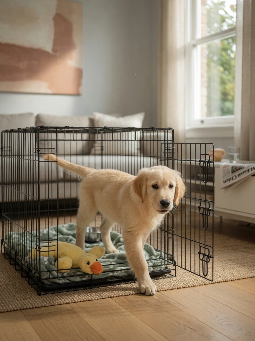Golden retriever puppy entering an open dog crate with a blanket and toy inside in a bright living room