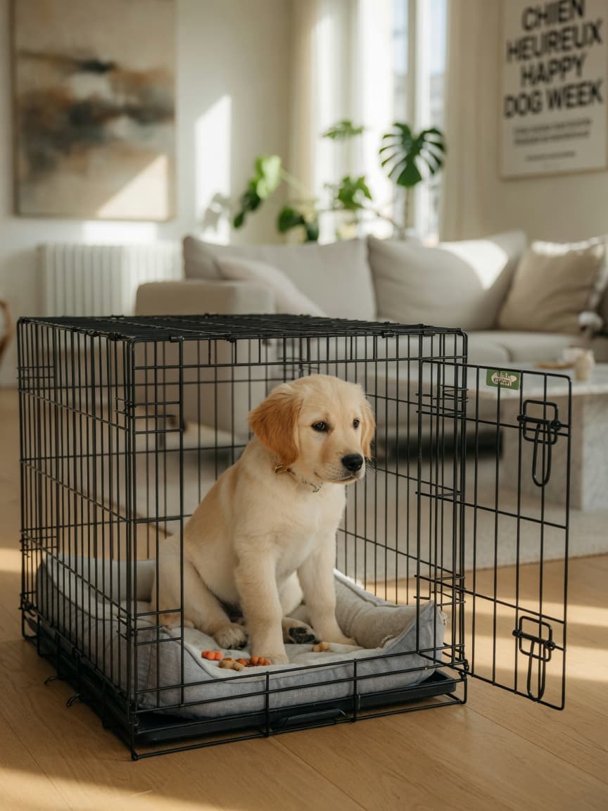 Golden retriever puppy sitting inside an open wire crate with treats visible, in a bright living room with natural light