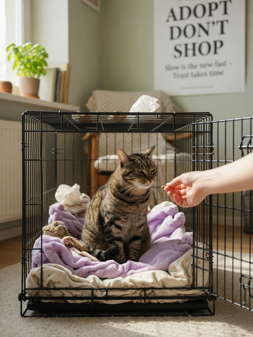 Content tabby cat inside an open wire crate with soft bedding, a treat being offered at the door