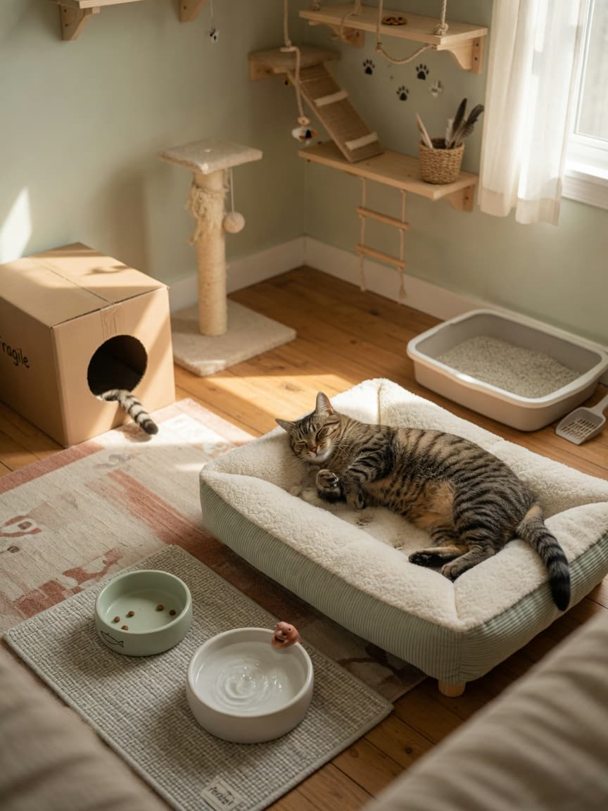 A cat relaxing on an elevated bed in a bright, well-organized safe room with window light, food bowls, litter tray, scratching post, and enrichment items