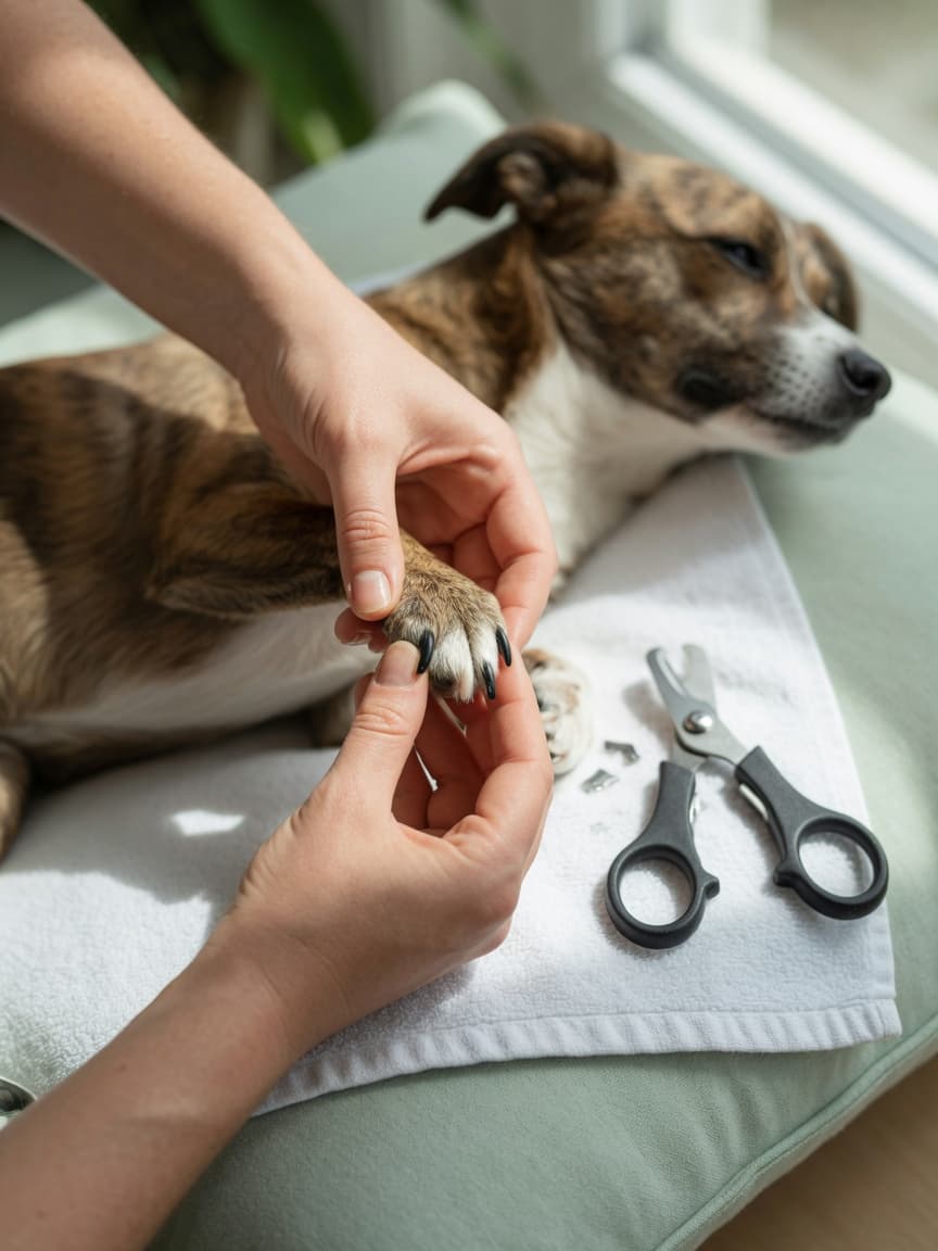 Close-up of dog owner's hands gently holding a dog's paw during nail trimming, with nail clippers and white towel visible under natural window light