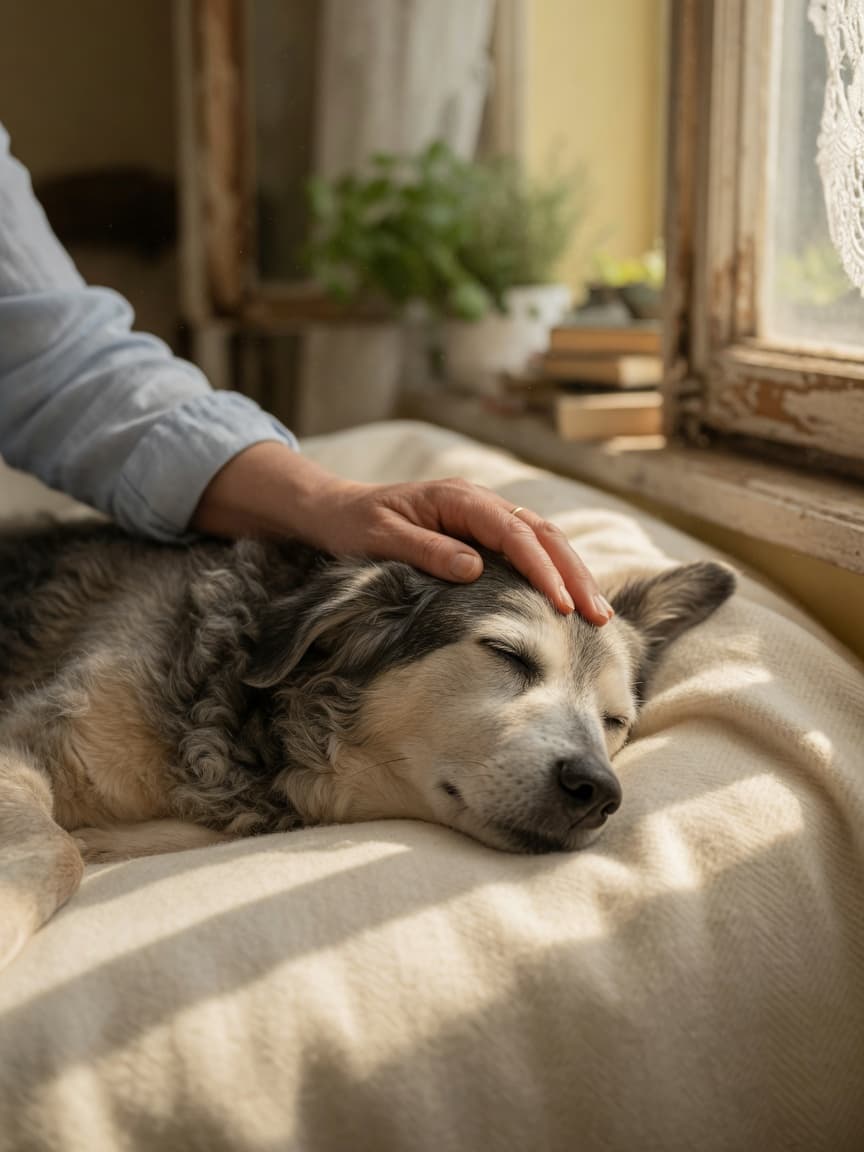 A grieving pet owner's hand gently placed on an elderly dog resting peacefully on a soft blanket in warm window light, conveying tenderness and remembrance.