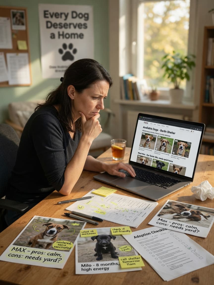 Person at desk scrolling through dog adoption posts on laptop with printed adoption photos and notes spread out, carefully evaluating listings