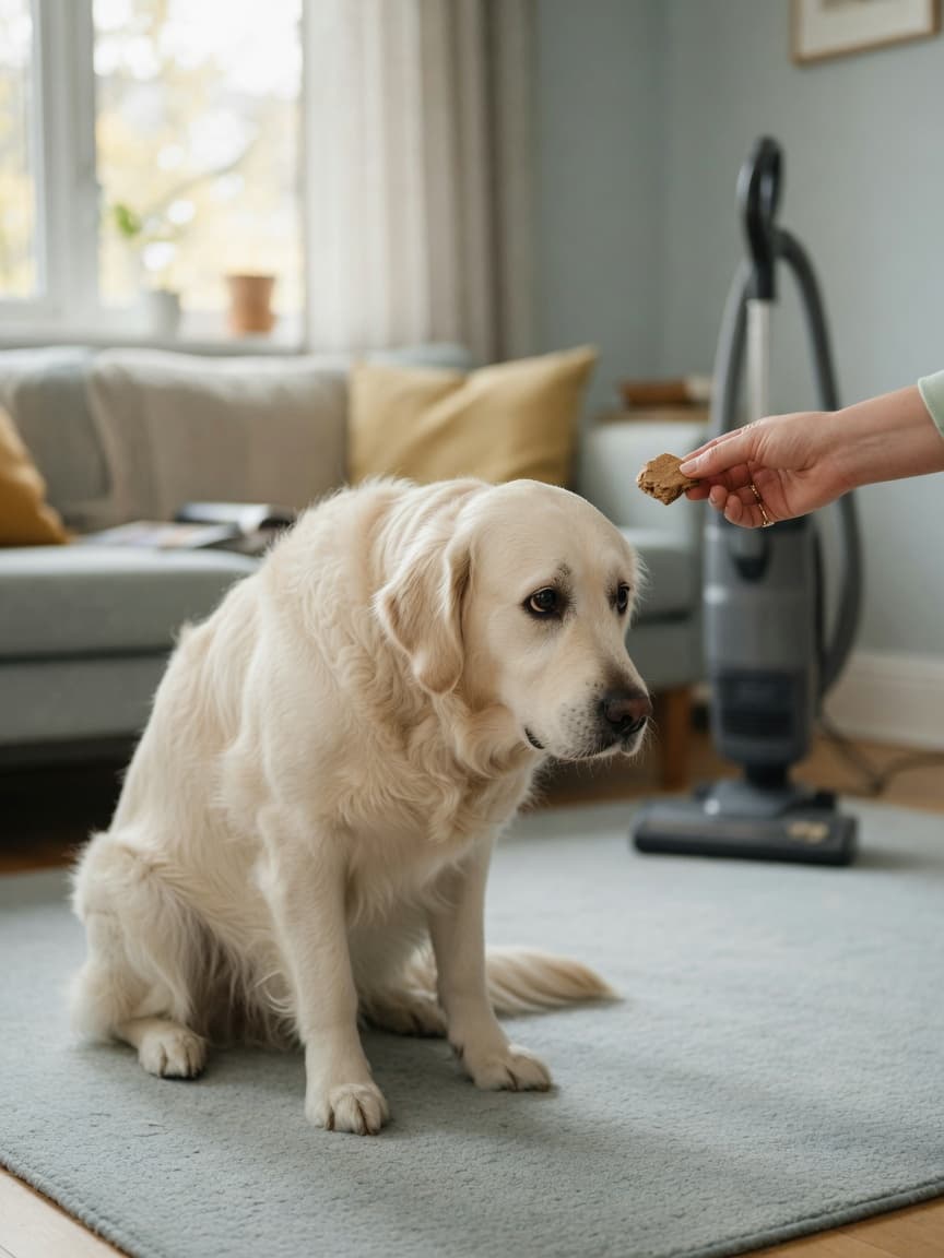 Trembling golden retriever receiving a treat from owner's hand, with vacuum cleaner in background, demonstrating anxiety before desensitization training