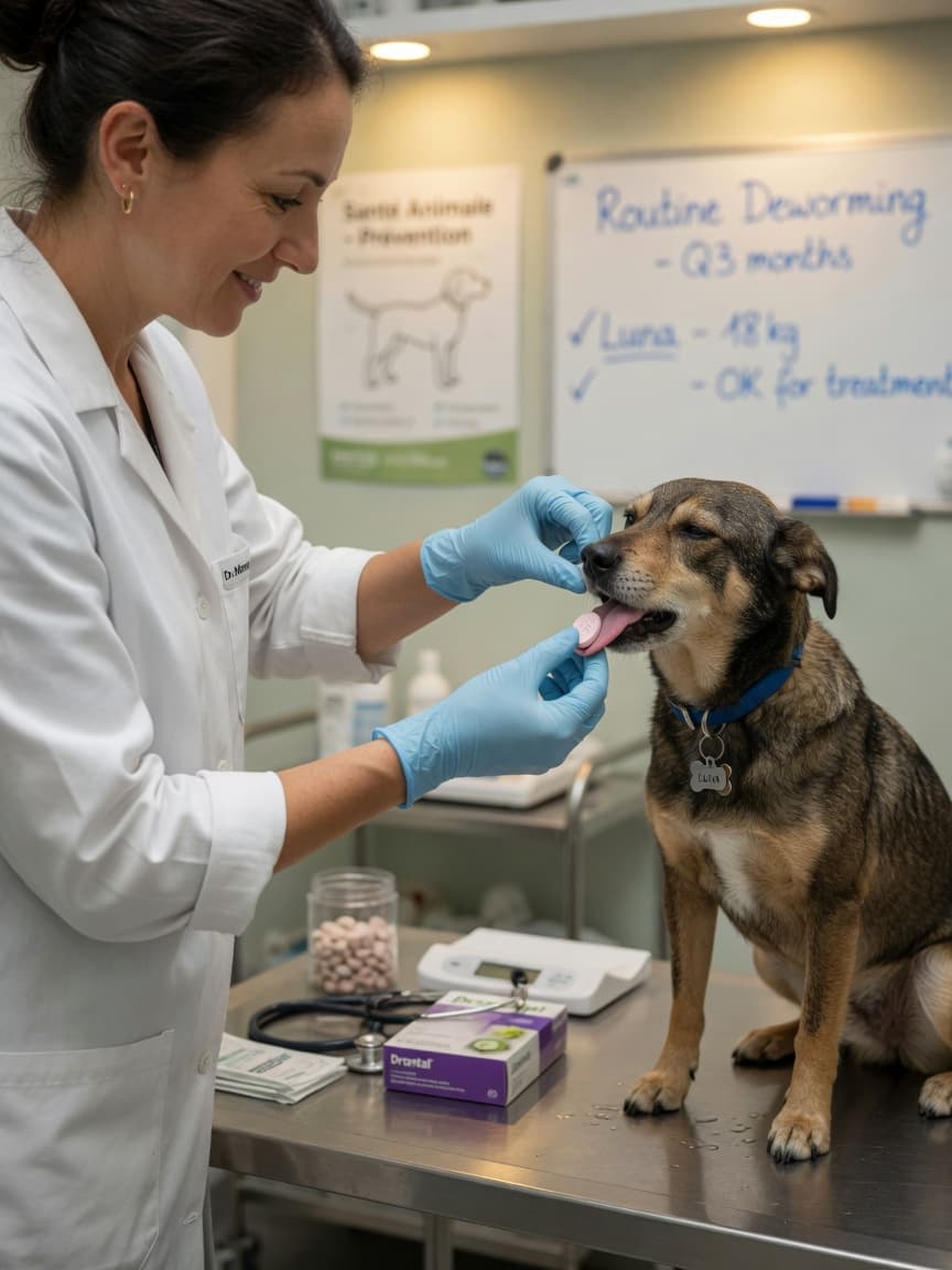 Veterinarian administering a deworming tablet to a dog during a clinic visit